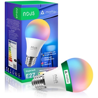 NOUS P3 Smarte WIFI Glühbirne RGB E27, Kompatibel mit Matter, Alexa, Home Assistant & Apple HomeKit, Smart Home, Fernbedienung, LED Lampe Farbwechsel, RGB Glühbirne, 2.4 GHz WiFi