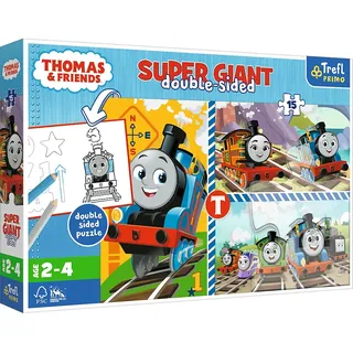 Trefl Primo - Thomas & Friends, Thomas Spiele - 3-in-1: Puzzle mit 15 Extra Großen Teilen, Ausmalbuch, Spiel mit Ausmal-Elementen, Puzzle mit Tom & Friends Märchenfiguren, für Kinder ab 2 Jahren