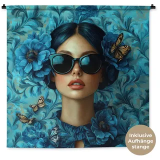 MuchoWow Wandteppich Frau - Blumen - Schmetterlinge - Blau - Abstrakt, Quadratisch, Höhe: 3 mm, Wand Teppich Wohnzimmer, Schlafzimmer, 150x150 cm blau Quadratisch | 150 cm x 150 cm x 3 mm