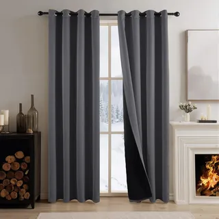 PONY DANCE Thermovorhänge Kälteschutz 100% Blickdichte Gardinen Grau | 2er Set, H 220 x B 140 cm, Ösenschal, Verdunklungsvorhänge, Doppellagig, Dick, für Wohnzimmer, Wärmeisolierend, Schwer
