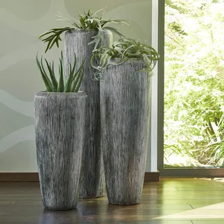 Edle & Hochwertige Pflanzvase Rillenstruktur - Fiberglas - Inklusive Einsatz – Indoor – Pflanzkübel Metallic/Metallisch (Groß: 120cm, Silber)