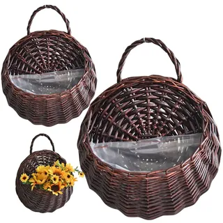 Hintyne Rattan-Pflanzgefäß zum Aufhängen 2 Stück natürlicher Rattan-Pflanztopf Vintage-Wandbehangkorb Aufbewahrungspflanzenkorb Rattan-Blumentopf zum Aufhängen an der Wand Dunkelbraun
