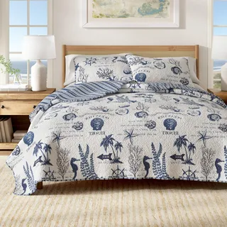 Great Bay Home Full-/Queen-Küsten-Steppdecken-Set, sommerliche Küsten-Steppdecke mit Kissenbezügen, 3-teiliges wendbares Tagesdecken-Set, für alle Jahreszeiten Leichte Steppdecke im maritimen Stil