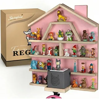 Sternfeld Kinderregal Tonie Regal magnetisch – Wandregal für 32/52 Toniefiguren, Grau & Rosa, abgerundete Ecken, Magnetleiste, Aufhängehaken für Kopfhörer rosa
