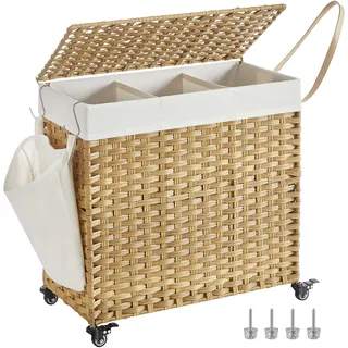 SONGMICS Wäschekorb mit Deckel, 140 L, 3 Fächer, mit Rollen, Rattan-Optik