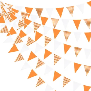 32Ft Orange Partydekorationen Orange Weiß Büffelkaro Kariert Dreieckig Flagge Gingham-Wimpel Wimpel Stoffgirlande Luftschlangen für Herbst Hochzeit Geburtstag Erntedankfest Picknick Gartendekoration