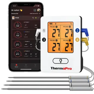 ThermoPro TempPro Bluetooth 5.0 Digital Bratenthermometer Grillthermometer Funk Fleischthermometer mit 4 Sonde für BBQ, Garraum, Smoker, Steak, Unterstützt IOS, Android, Reichweite bis zu 150m