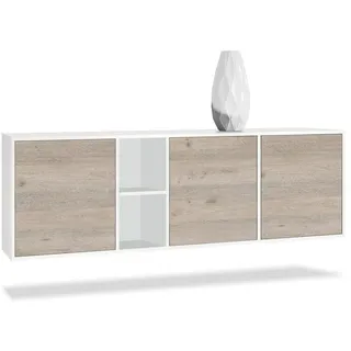 Vladon Sideboard Cuba (Kommode, mit 3 Türen und 2 offene Fächer), Weiß matt/Eiche Nordic (182 x 53 x 35 cm) braun