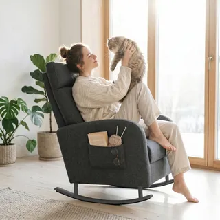 JIEXI Schaukelstuhl mit Gepolstertem, Moderner Schaukelsessel mit Hoher Rückenlehne & Armlehnen, Seiten Tasche, Bis 136kg Belastbar, Relaxsessel für Wohnzimmer, Kinderzimmer, Schlafzimmer, Balkon