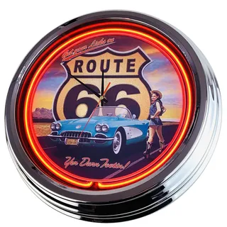 US-Way.de Route 66" WallClock Deko-Clock – 44 cm Durchmesser, Deko-Wanduhr ohne Tickgeräusche und gut lesbares Display, USA 50er-Jahre-Stil Neon-Uhr für Küche, Büro (Orange)