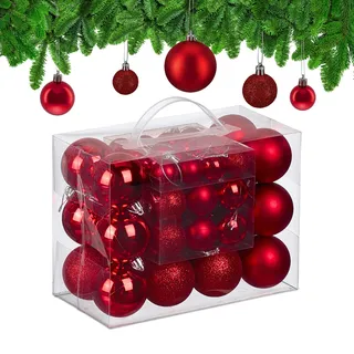 Relaxdays Weihnachtskugeln im 50er Set Rot,Silber