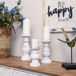Nikky Home Stumpenkerzenhalter aus Holz, 3er-Set – Bauernhaus-Kerzenständer, Kamindekor, Tafelaufsätze für Kamin, Wohnzimmer oder Esszimmer, Used-Look, Weiß