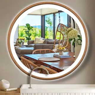 ARUMMA Holzrahmen, runder LED-Badezimmerspiegel mit Lichtern, 50.8 cm, Holz, rund, beleuchtet, Spiegel für Badezimmer, Wand, Schminktisch, Badezimmer, intelligenter Kreisspiegel