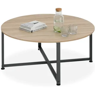 tectake® Couchtisch rund Holz und Metall, Beistelltisch rund, runder Tisch Wohnzimmer, Sofatisch, Wohnzimmertisch, Coffee Table Ø 88,5 cm, einfache Montage - Industrial Holz hell, Eiche Sonoma