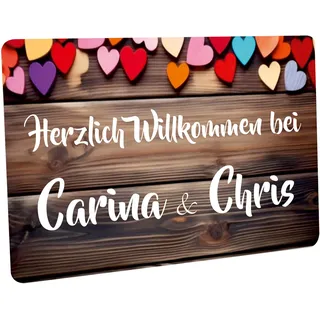 Crealuxe Fussmatte 'Wunschtext/Wunschname - Bunte Herzen (Holzhintergrund) - Herzlich Willkommen - personalisiert, Fußabtreter, Fußmatte rutschfest, Paare & Familie