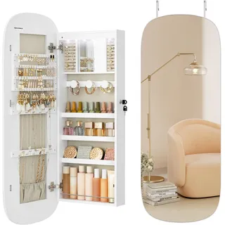 SONGMICS Schmuckschrank, Spiegelschrank, Schmuck-Organizer mit LED-Beleuchtung, abschließbar, Wandschrank mit Spiegel, für Ohrring, Halskette, Oberfläche in Weiß, Innenfutter in Greige JJC026W01