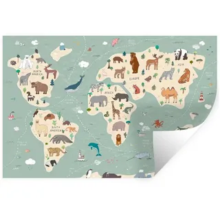 MuchoWow Wandsticker Erde - Weltkarte Kinder - Tiere - Jungen - Mädchen - Blau (1 St), Wanddeko, Aufkleber, Wandtattoo, 90x60 cm bunt 90 cm x 60 cm x 0.1 cm