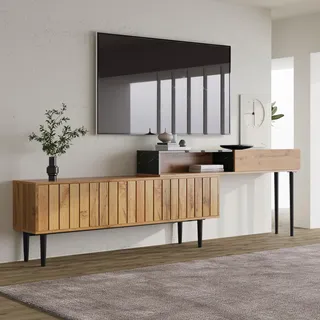 Merax TV Schrank TV Lowboard, TV Board mit 2 Türen und 1 offenes Ablagefach, TV Ständer, Vintage Industrial, Fernsehschrank für Wohnzimmer Esszimmer, Eisenbeinen, 129x30x58 cm, Holzfarbe & Schwarz