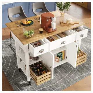 BBWL Kücheninsel Kücheninsel Küchenschrank mit klappbarem Multifunktions-Esstisch, Esszimmerwagen mit Holzmaserung und Kiefernkorb