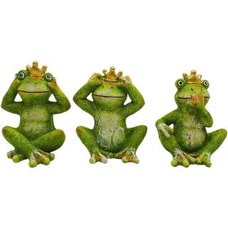 Dekohelden24 3er Set, Froschkönige, Teichfrösche, Frösche Garten, Froschfiguren outdoor, Gartenfrösche, aus Keramik in grün L/B/H 8 x 9 x 11 cm.