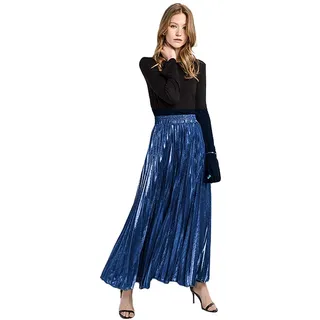 Milya Damen Lang A-Linie Plisseerock Maxi Faltenrock Blingbling (Blau) - L