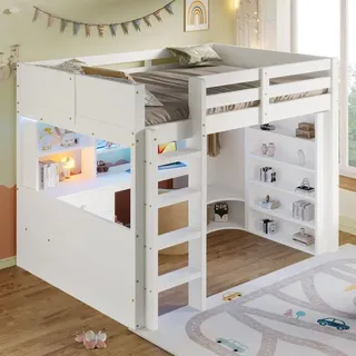 Hochbett mit Schreibtisch, LED-Streifen, Schubladen, Regal, Kleiderschrank und Lattenrost, 140x200cm, Kinderbett mit Rausfallschutz, Kiefer - Weiß