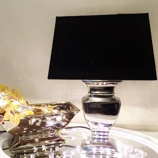 DRULINE Keramik Lampen Lampenfuß Lampenschirm Tischlampe Nachttischlampe Tischleuchte SILVER 35 cm Fuß Silber - Schirm Schwarz