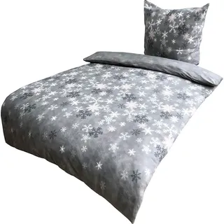 4 teilig Thermofleece Bettwäsche 135x200 cm Kristall Schnee Winter Flausch Set - Grau