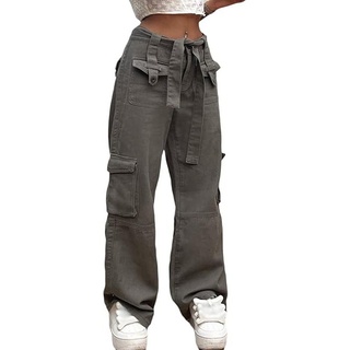 FIDDY Loungepants Damen Low Waist Cargo Jeans Gerade Breites Bein Baggy Denim Hosen XL
