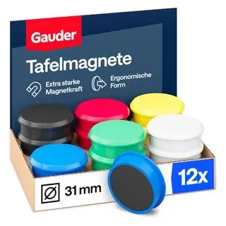 Gauder Magnete farbig sortiert, Ø 31 mm, Höhe 10 mm, 12 Stück
