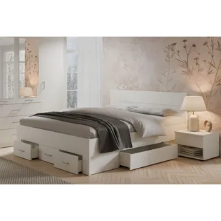 Lukas Möbel Holzbett Doppelbett Mons 180x200 cm mit 2xBettkasten und 3xSchubladen, mit extra viel Stauraum, in weiß oder Eiche Sonoma weiß