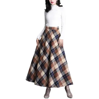 StarTreene Damen Midi-Rock Elegant Herbst Winter A-Line Rock Lange Rockabilly Kariert Elastische Taille mit Taschen EU34 Khaki - 34