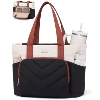 LOVEVOOK Shopper Tasche Handtasche Damen Groß, Leicht Puffer Arbeitstasche mit großem Wasserflaschenfach, 15,6 Zoll Laptoptasche Tote Bag, Lehrertasch Handbags Women für Uni Schule, Schwarz Weiß Braun