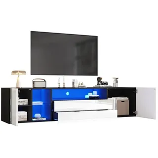 MODFU Lowboard Hochglanzfront, schwarz-weiß Design (Fernsehtisch, Wohnzimmermöbel, 1 St., 2 Schubladen und 2 Türen), Hochglanz-LED-TV-Schrank schwarz