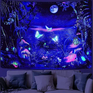 Tokusyou Pilz Wandteppich Schwarzlicht UV Reaktive Schmetterling Mond Psychedelic Wald Tapisserie Wandtuch Pflanze Landschaft Tapestry Wandbehang Dekoration für Schlafzimmer Wohnzimmer, 73x95cm
