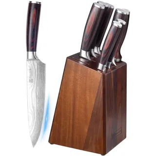 Paudin Messerblock Set mit 9-TLG, Scharfes Hochwertiges Küchenmesser Set aus Edelstahl, Messerblock mit Messer & Ergonomischem Holzgriff, Messerset mit Block für Koch/Haushalt, FDA