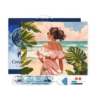 Figured'Art Diamond Painting Erwachsene 40x50cm Mit Rahmen Ganze Leinwand gespannt Liebliches Mädchen am Meer 5D Bilder Eckige Steine - DIY Set Basteln