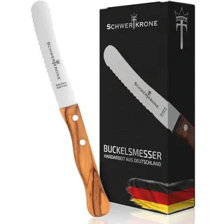 Schwertkrone® Buckelsmesser Wellenschliff [MADE IN GERMANY] - Wellenschliffmesser Olivenholzgriff - Tafel Messer mit Wellenschliff - Brötchenmesser - Messer mit Holzgriff - Brotzeitmesser