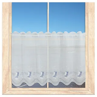 atelier alles-Spitze Scheibengardine Am Meer | Maritim in blau-weiß bestickte Kurzgardine | Ideal als Badgardine geeignet| Höhe x Breite 55 x 96 cm