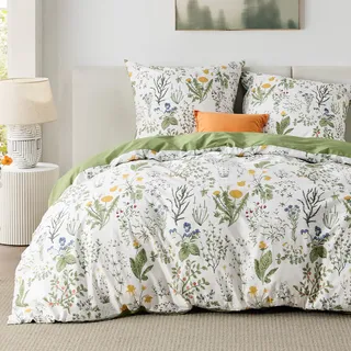BEDSURE Bettwäsche 200x220 Baumwolle 3teilig - Salbeigrün Blumen