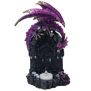 MystiCalls Dekofigur Drachenfigur Drache sitzt auf Tor mit Teelicht Fantasy Fantasyfigur (1 St), Dekofigur mit Teelicht lila|schwarz