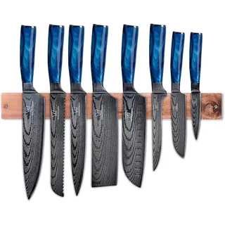KÜCHENKOMPANE – Edelstahl Messerset Shiburu mit magn. Messerleiste als Messerblock | 8-teiliges Küchenmesser Set im Damast Design | Kochmesser mit ergonomischen Epoxid-Griff | Designed in Germany