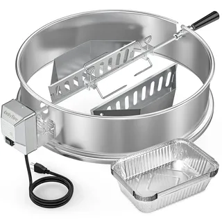 onlyfire Upgrade Edelstahl Grillspieß Set für Weber 57cm Kettle Holzkohlegrill, Inkl. Kohlekörbe und 10 Tropfschalen, Grill Drehspieß mit Motor, Rotisserie
