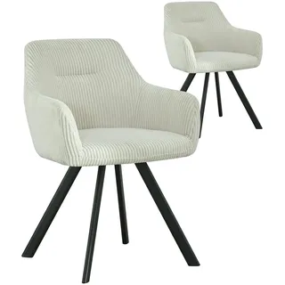 B&D home® Esszimmerstühle Cyrus 2er-Set – Polsterstuhl mit Armlehnen, Cordstoff Hellgrau, stabiles Metallgestell schwarz, moderner Industrial-Look für Küche, Esszimmer & Wohnzimmer