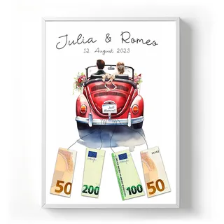 codiarts. Personalisiertes Geldgeschenk Poster – optional mit Rahmen – Gastgeschenk Hochzeit mit Namen und Datum – Hochzeitsgeschenk für Brautpaar (Auto 3, DIN A4)