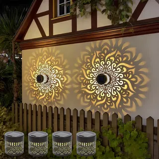 Decorative Solar Mandala Lights, Mandala Wandleuchte Solar, Solarlaterne Für Außen Mit Lichtprojektion, Wasserdicht & Vollautomatisch, Gartenleuchte Für Terrasse, Zaun, Balkon & Hof (Licht-C, 4PCS)