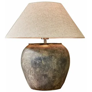 Mirabeau Tischleuchte Tischlampe Shiva antikschwarz/creme, Steinoptik, Zeitloses Design, Schirm aus Naturleinen, Keramik-Fuß schwarz
