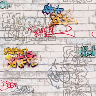 Bricoflor Graffiti Tapete für Jungenzimmer Coole Tapete in Steinoptik für Jungs Backstein Tapete mit Buntem Graffiti für Kinderzimmer