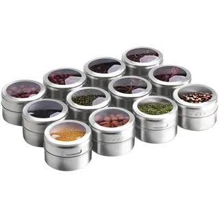 Aiyola Magnetische Gewürzdosen, 12 Stück, Edelstahl, magnetischer Gewürzbehälter, staubdicht, magnetische Gewürzgläser, leicht zu reinigen und rostfrei, inklusive 120 Beschriftungsaufklebern