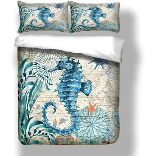 Geheimnis Meer Tier Reise Karte Bettbezug Set mit Kissenbezug, 3D Blau Seepferdchen Delphin Schlafzimmer Dekoration Bettwäsche Set Winter Herbst (Seepferdchen, 200x200cm)